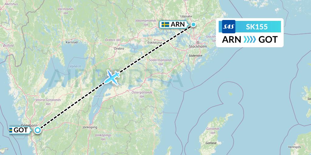 SK155 SAS Flight Map: Stockholm to Gothenburg