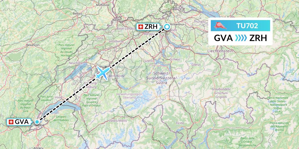 TU702 Tunisair Flight Map: Geneva to Zurich