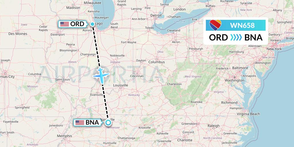 WN658 Southwest Airlines Flight Map: Chicago to Nashville