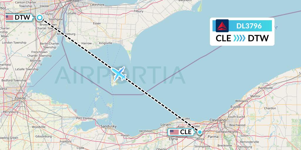 DL3796 Delta Air Lines Flight Map: Cleveland to Detroit