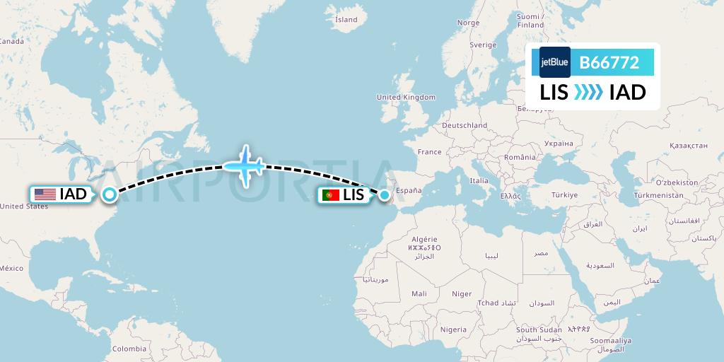 B66772 JetBlue Airways Flight Map: Lisbon to Washington