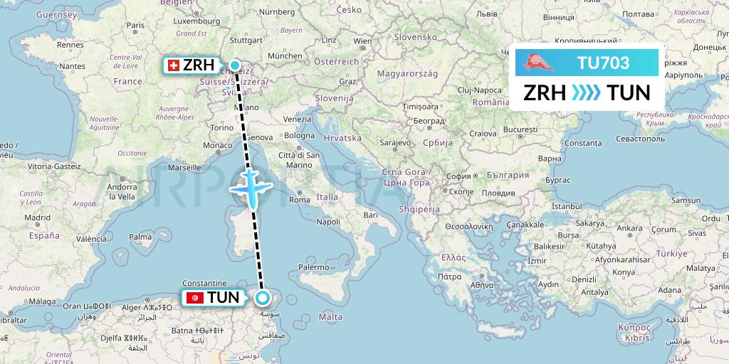 TU703 Tunisair Flight Map: Zurich to Tunis