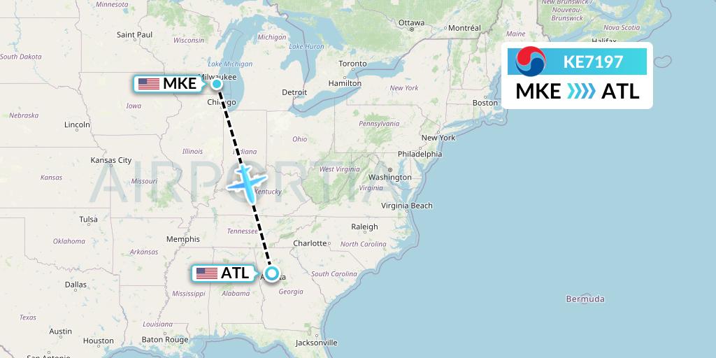 KE7197 Korean Air Flight Map: Milwaukee to Atlanta