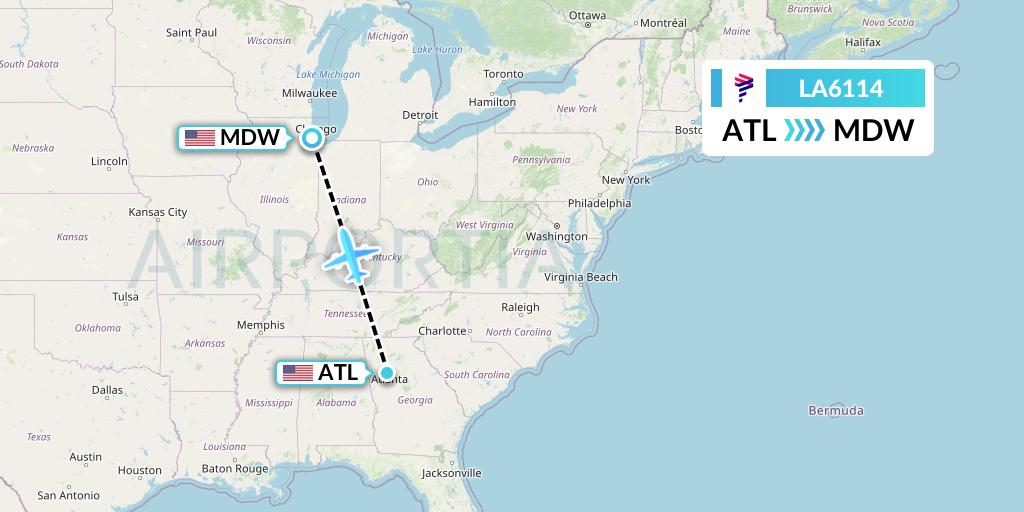 LA6114 LAN Airlines Flight Map: Atlanta to Chicago