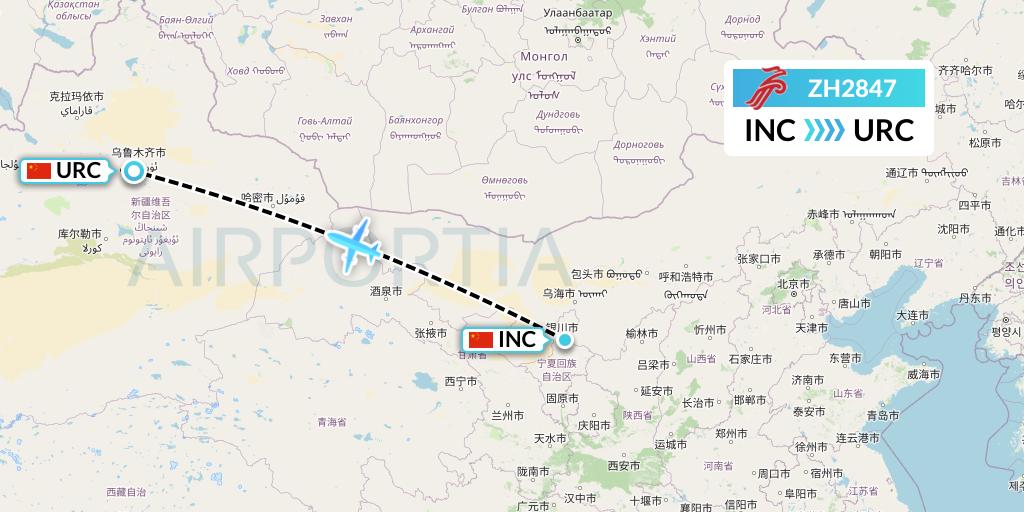ZH2847 Shenzhen Airlines Flight Map: Yinchuan to Urumqi