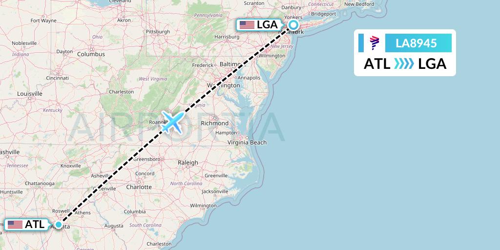 LA8945 LAN Airlines Flight Map: Atlanta to New York