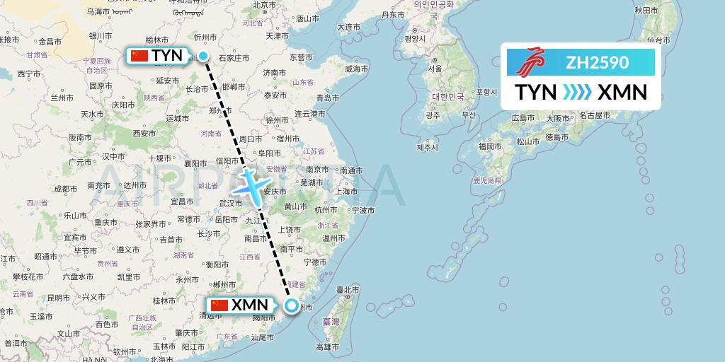 ZH2590 Shenzhen Airlines Flight Map: Taiyuan to Xiamen