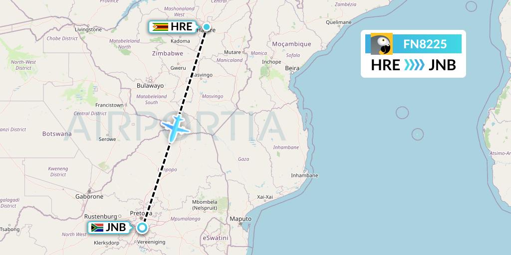 FN8225 Fastjet Flight Map: Harare to Johannesburg