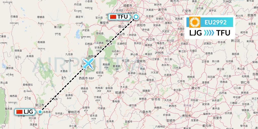 EU2992 Chengdu Airlines Flight Map: Lijiang to Chengdu