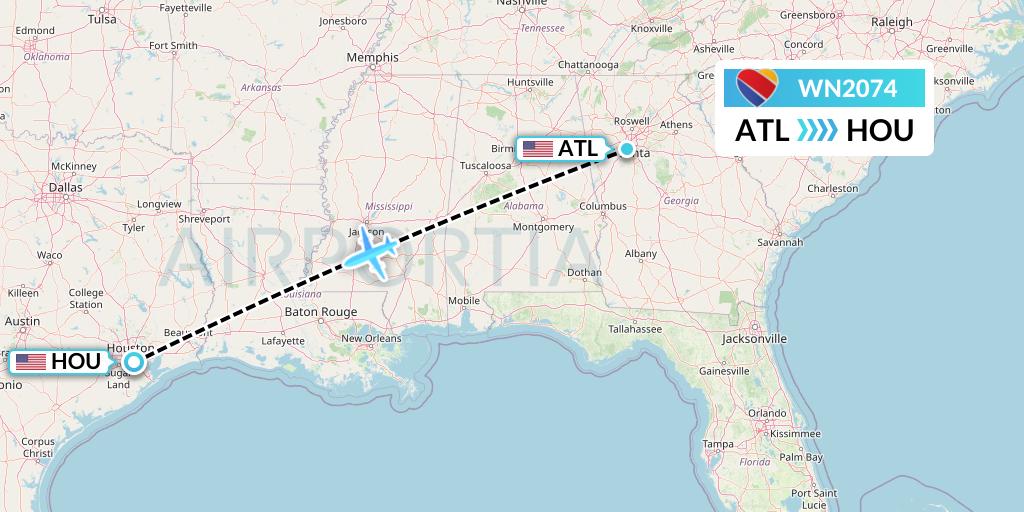 WN2074 Southwest Airlines Flight Map: Atlanta to Houston