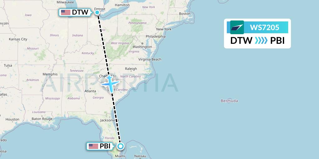 WS7205 WestJet Flight Map: Detroit to West Palm Beach