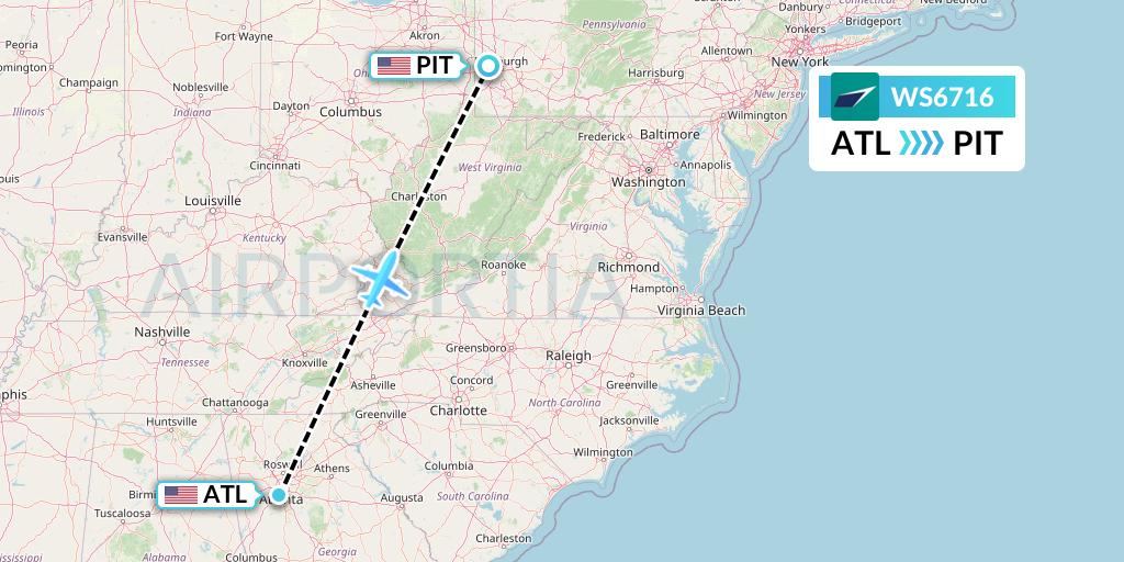 WS6716 WestJet Flight Map: Atlanta to Pittsburgh