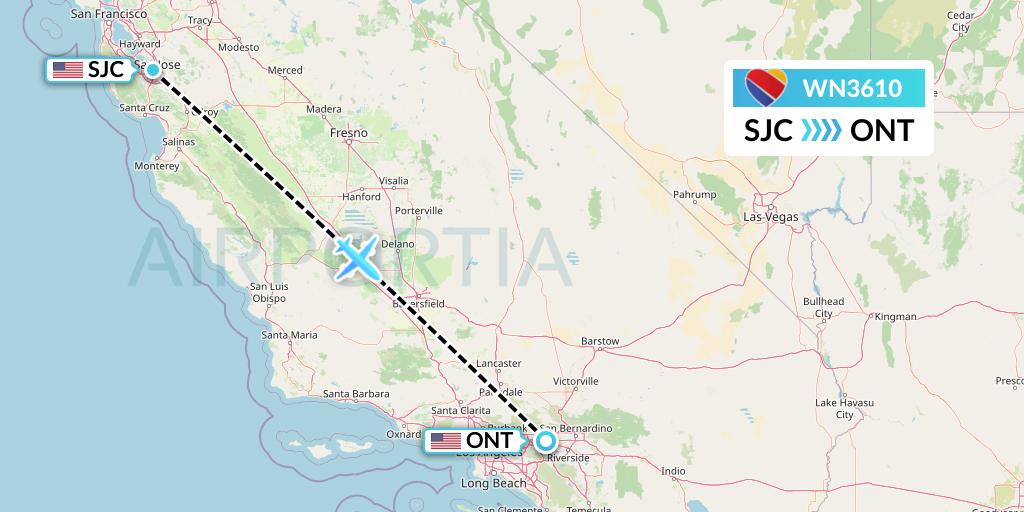 WN3610 Southwest Airlines Flight Map: San Jose to Ontario
