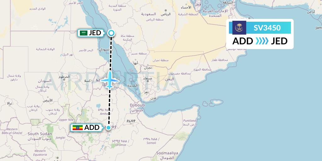 SV3450 Saudi Arabian Airlines Flight Map: Addis Ababa to Jeddah