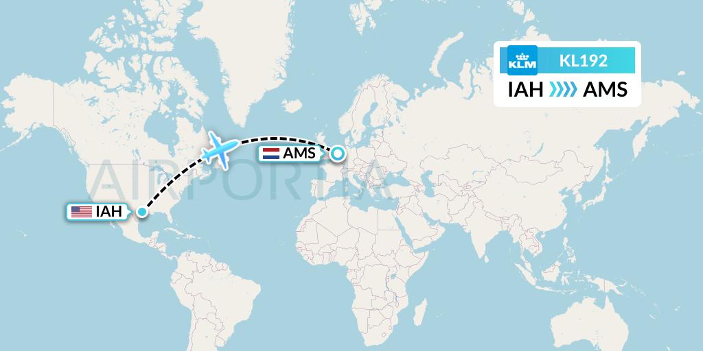 KL192 KLM Flight Map: Houston to Amsterdam