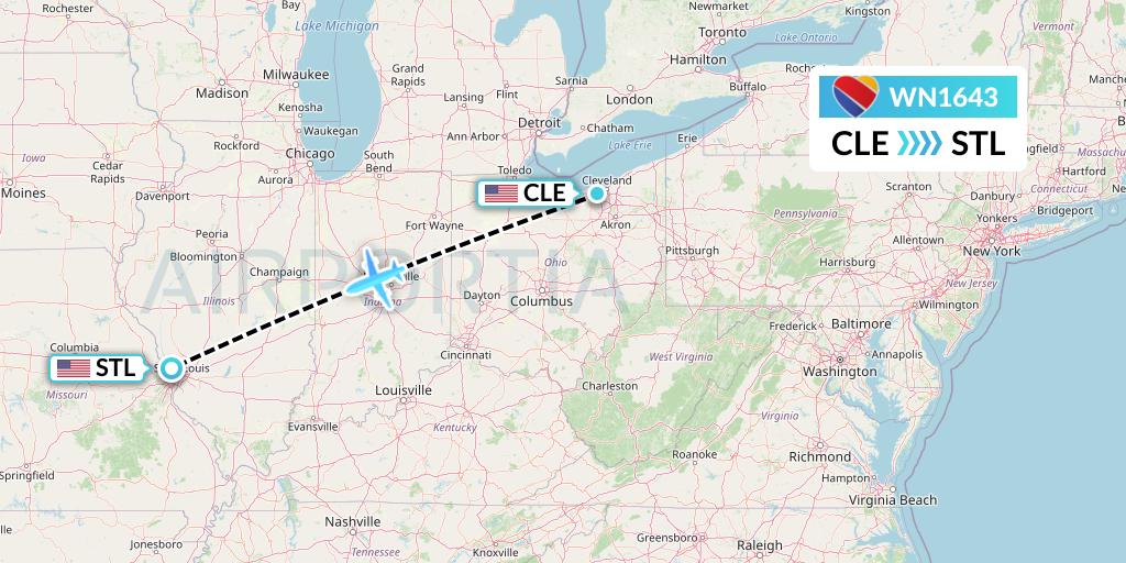 WN1643 Southwest Airlines Flight Map: Cleveland to St. Louis