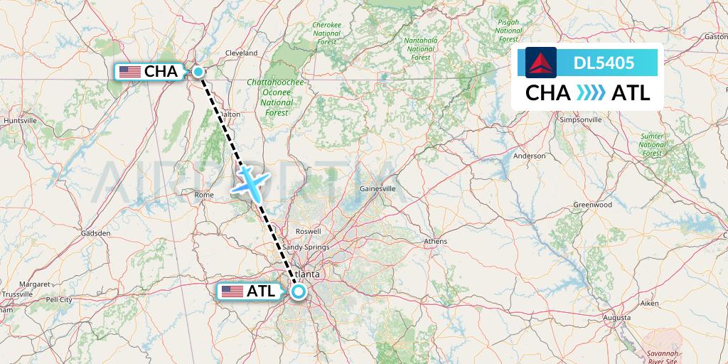 DL5405 Delta Air Lines Flight Map: Chattanooga to Atlanta