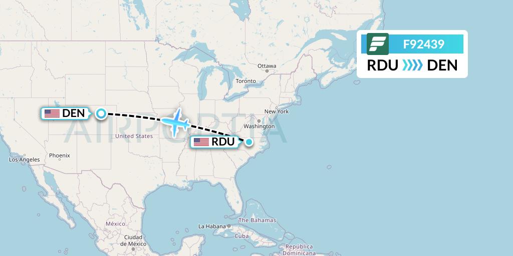 F92439 Frontier Airlines Flight Map: Raleigh-Durham to Denver