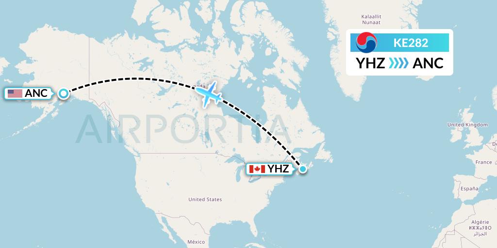KE282 Korean Air Flight Map: Halifax to Anchorage