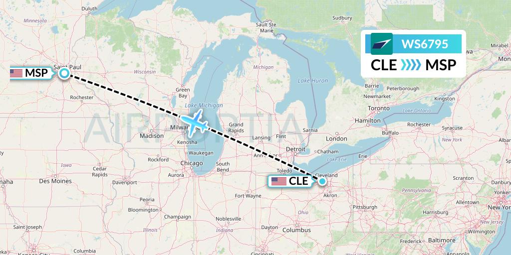 WS6795 WestJet Flight Map: Cleveland to Minneapolis