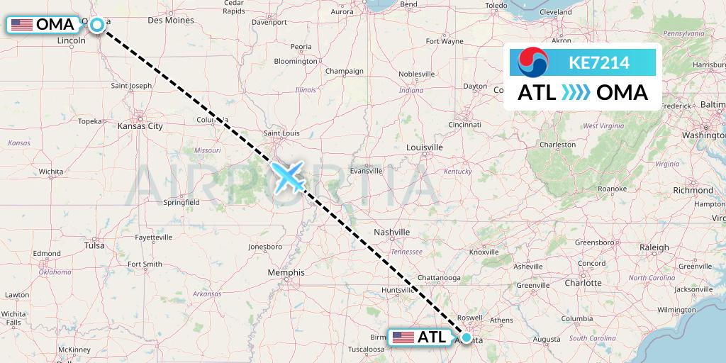 KE7214 Korean Air Flight Map: Atlanta to Omaha