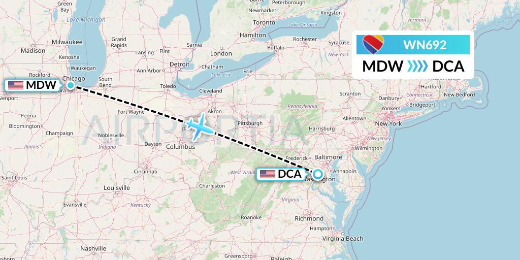 WN692 Southwest Airlines Flight Map: Chicago to Washington