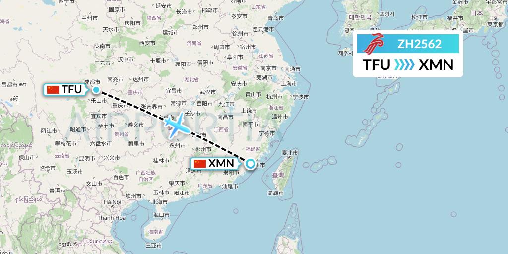 ZH2562 Shenzhen Airlines Flight Map: Chengdu to Xiamen