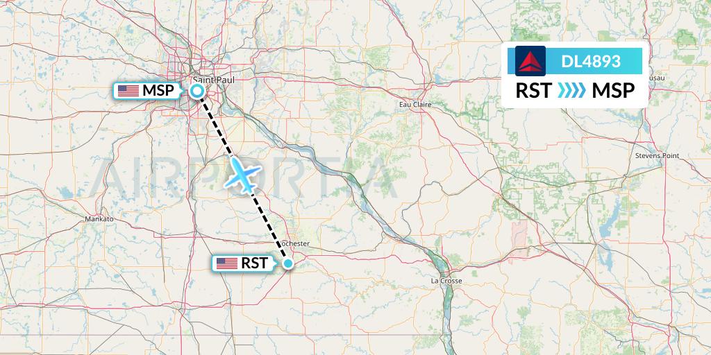 DL4893 Delta Air Lines Flight Map: Rochester to Minneapolis