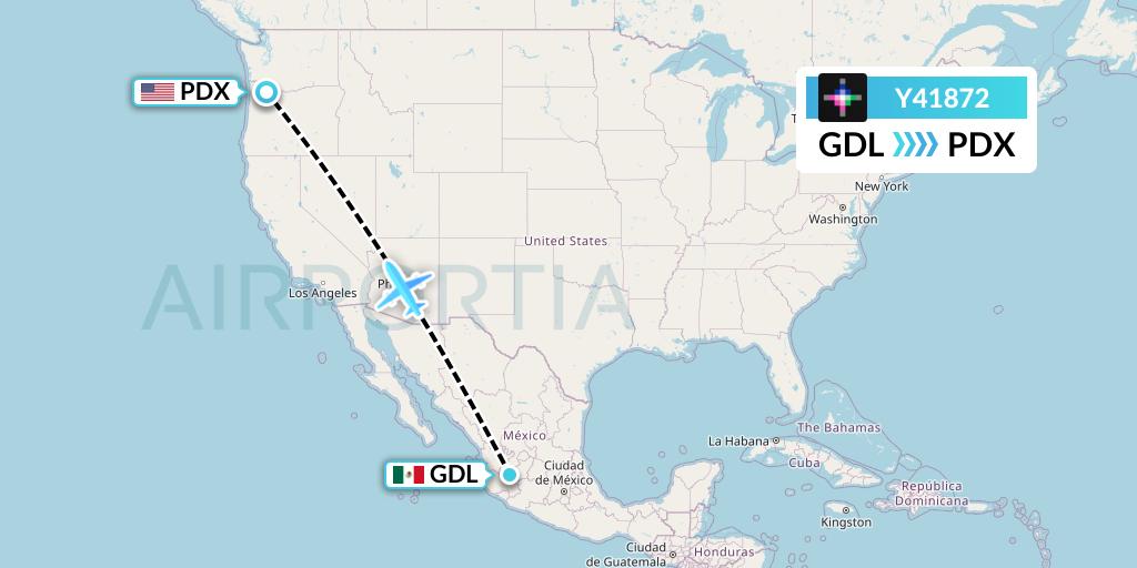 Y41872 Volaris Flight Map: Guadalajara to Portland