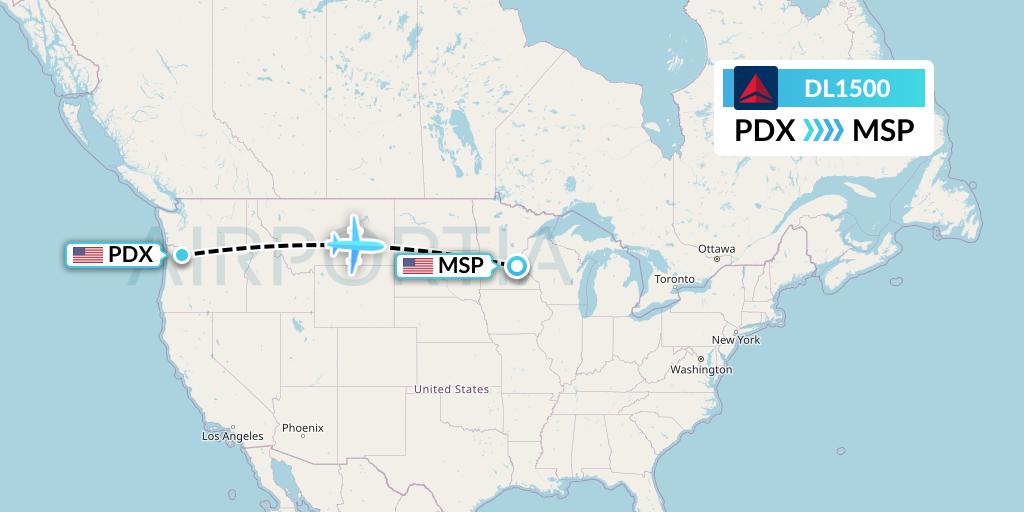 DL1500 Delta Air Lines Flight Map: Portland to Minneapolis