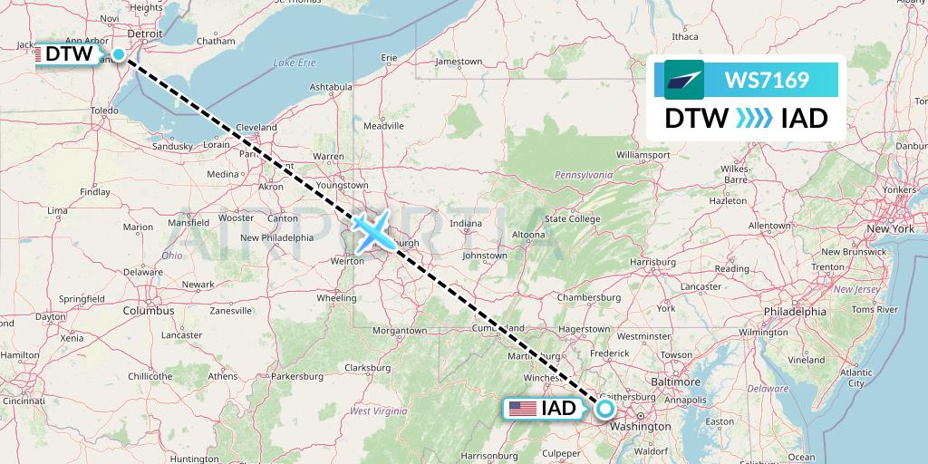WS7169 WestJet Flight Map: Detroit to Washington