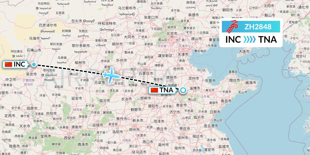 ZH2848 Shenzhen Airlines Flight Map: Yinchuan to Jinan