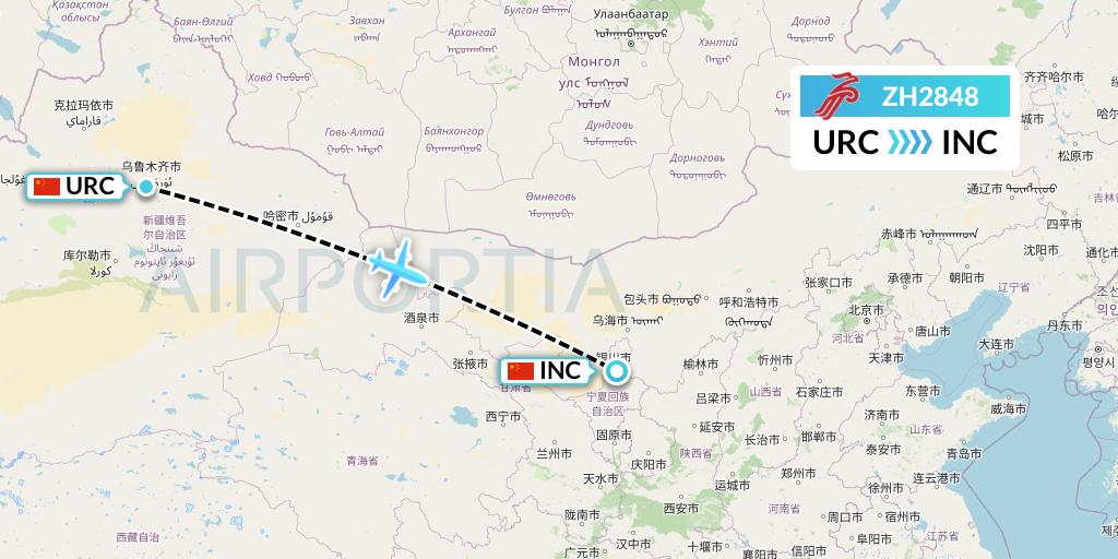 ZH2848 Shenzhen Airlines Flight Map: Urumqi to Yinchuan
