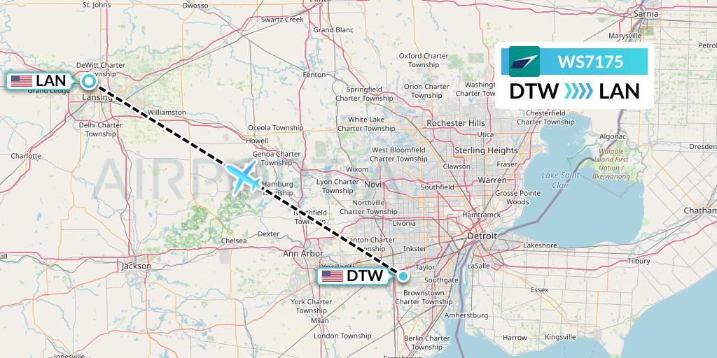 WS7175 WestJet Flight Map: Detroit to Lansing