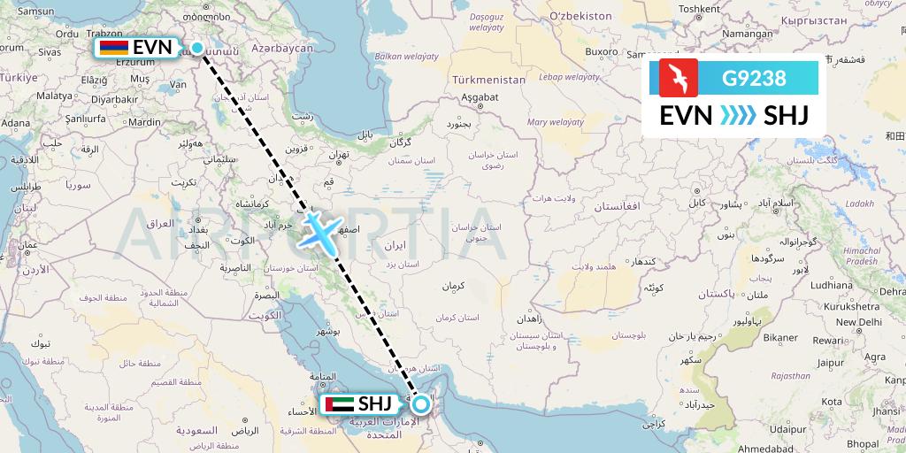 G9238 Air Arabia Flight Map: Yerevan to Sharjah