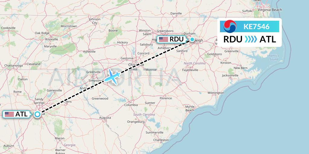 KE7546 Korean Air Flight Map: Raleigh-Durham to Atlanta