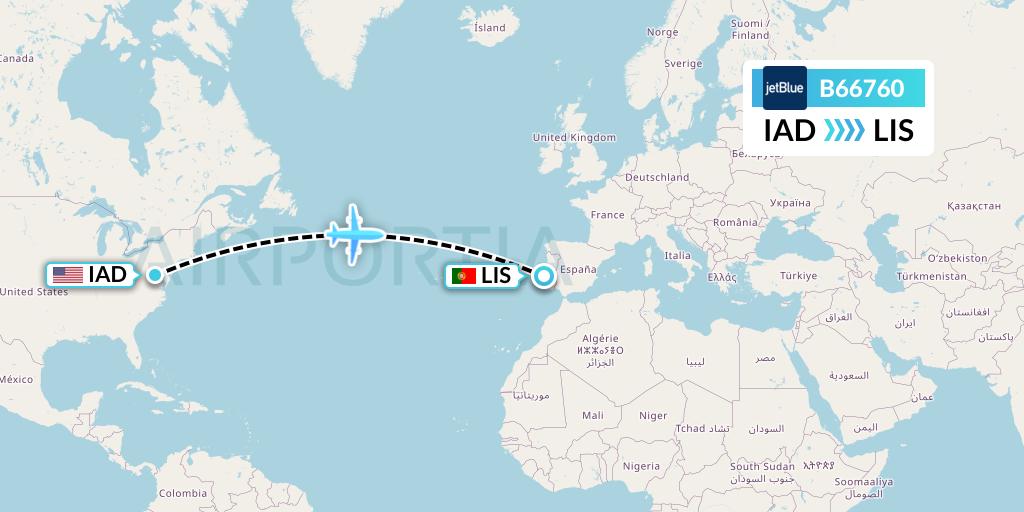 B66760 JetBlue Airways Flight Map: Washington to Lisbon