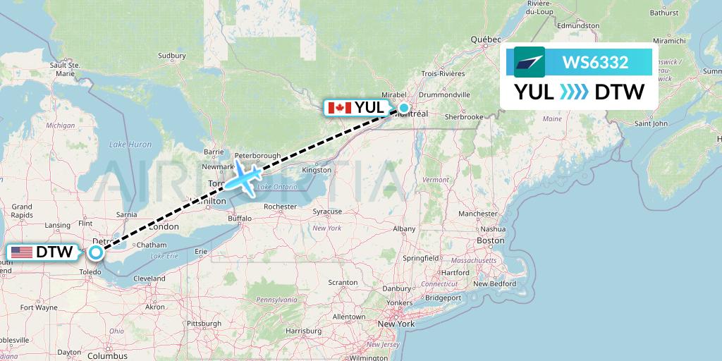 WS6332 WestJet Flight Map: Montreal to Detroit
