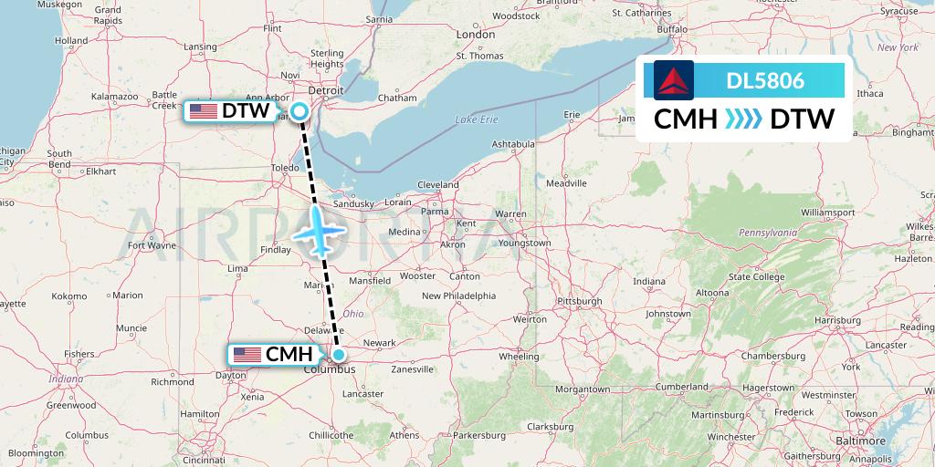 DL5806 Delta Air Lines Flight Map: Columbus to Detroit