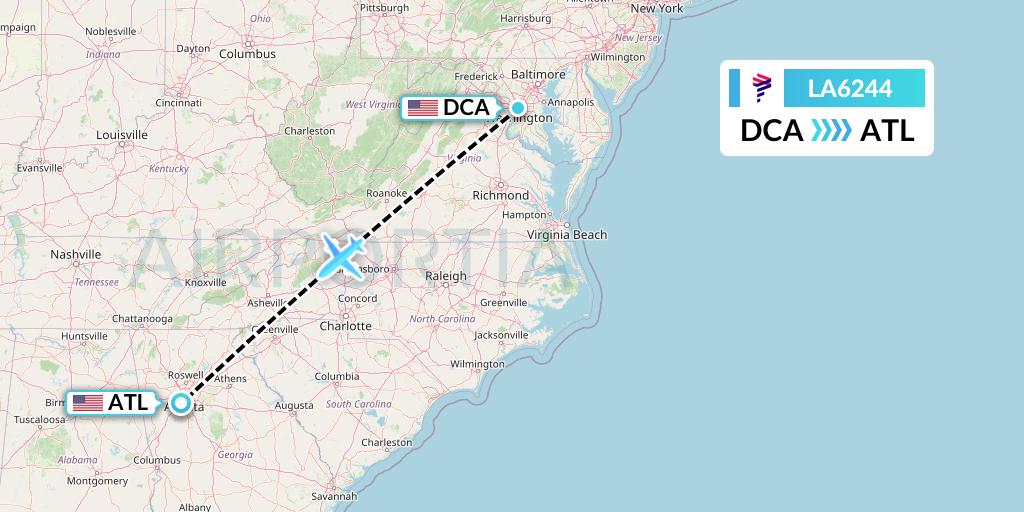 LA6244 LAN Airlines Flight Map: Washington to Atlanta