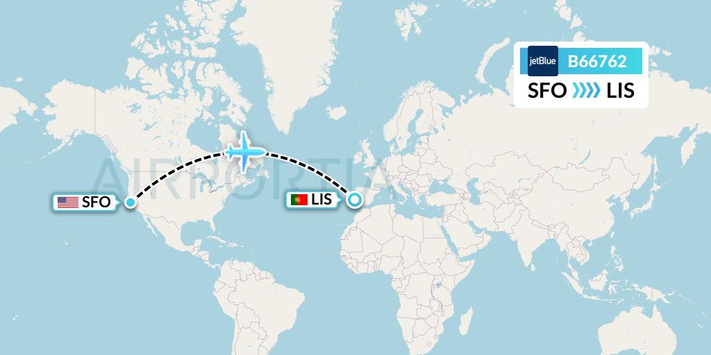 B66762 JetBlue Airways Flight Map: San Francisco to Lisbon