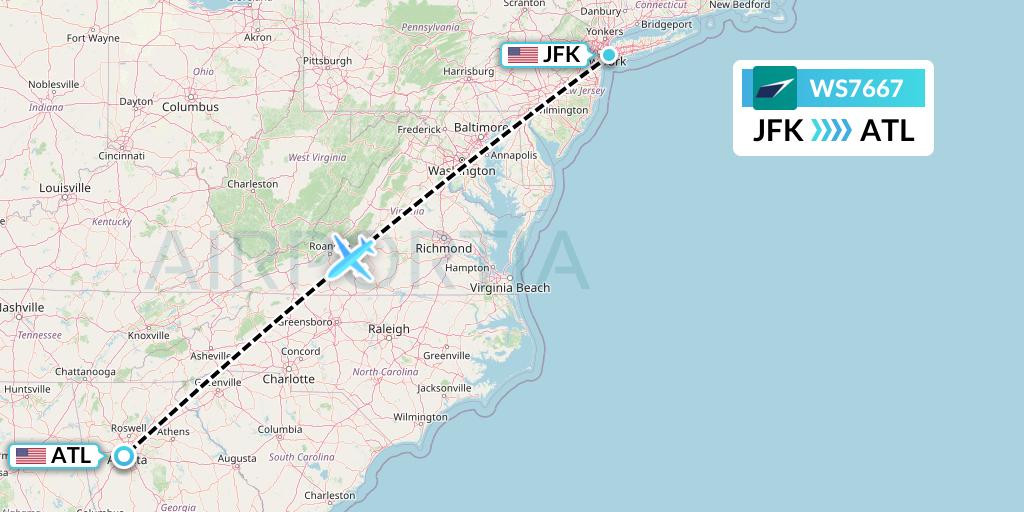 WS7667 WestJet Flight Map: New York to Atlanta