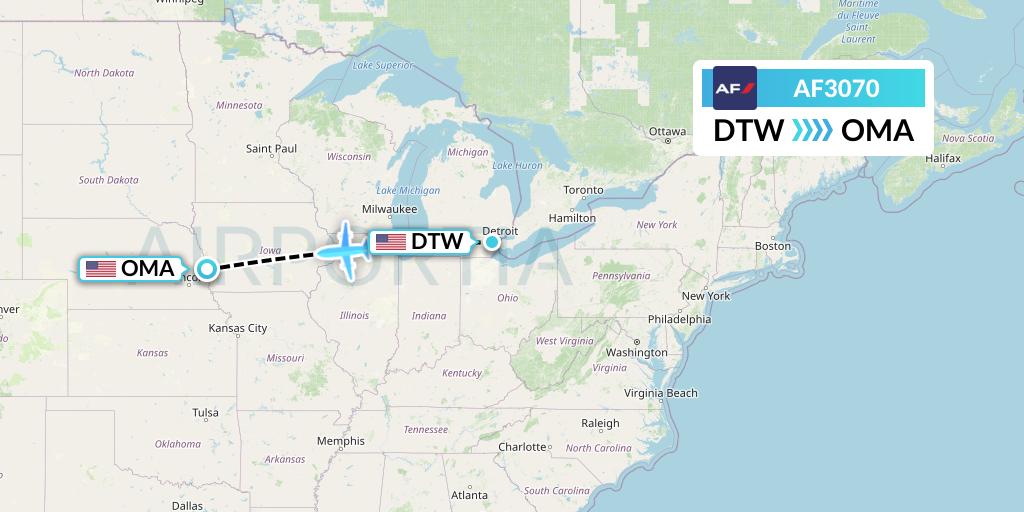 AF3070 Air France Flight Map: Detroit to Omaha