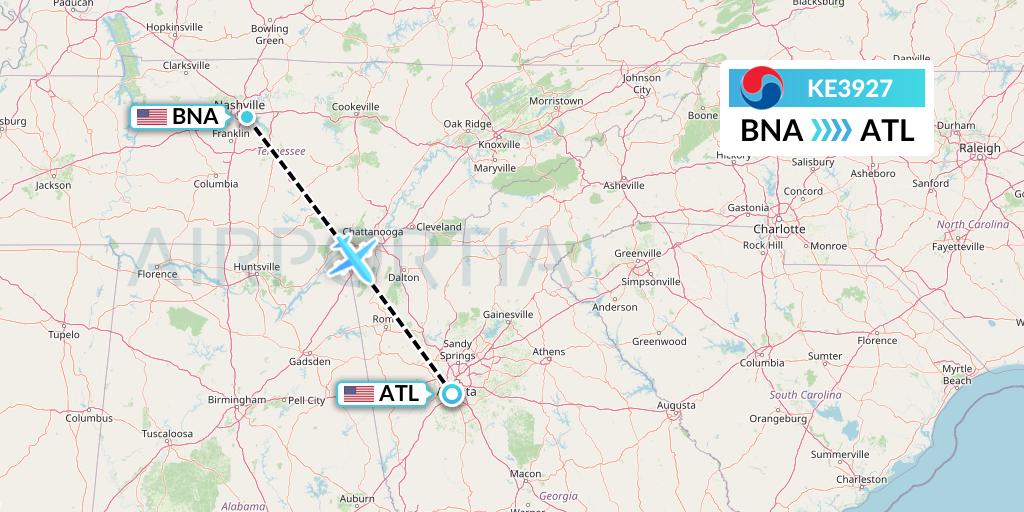 KE3927 Korean Air Flight Map: Nashville to Atlanta
