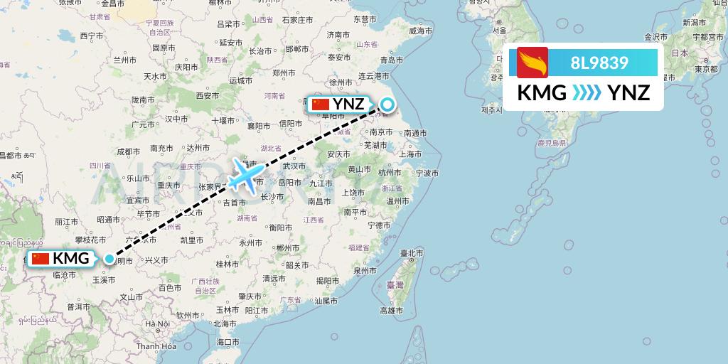 8L9839 Lucky Air Flight Map: Kunming to Yancheng