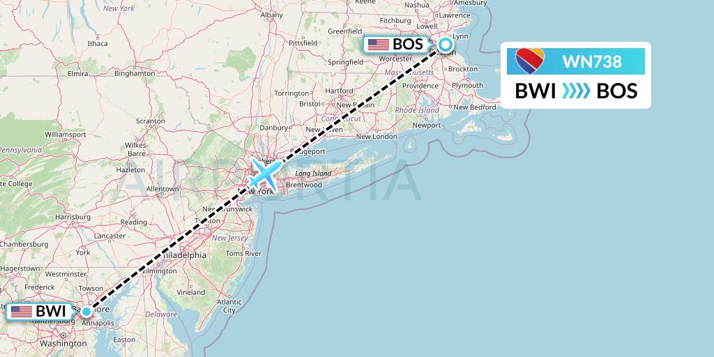WN738 Southwest Airlines Flight Map: Baltimore to Boston