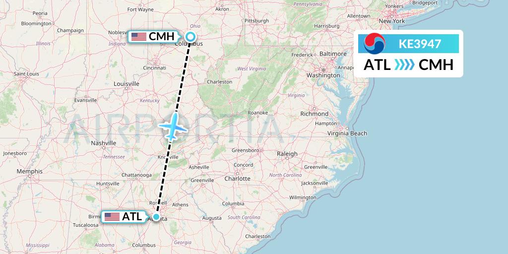 KE3947 Korean Air Flight Map: Atlanta to Columbus