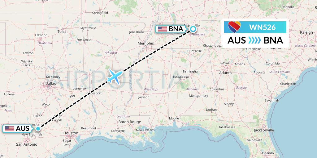 WN526 Southwest Airlines Flight Map: Austin to Nashville