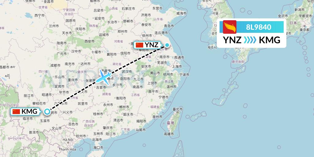 8L9840 Lucky Air Flight Map: Yancheng to Kunming