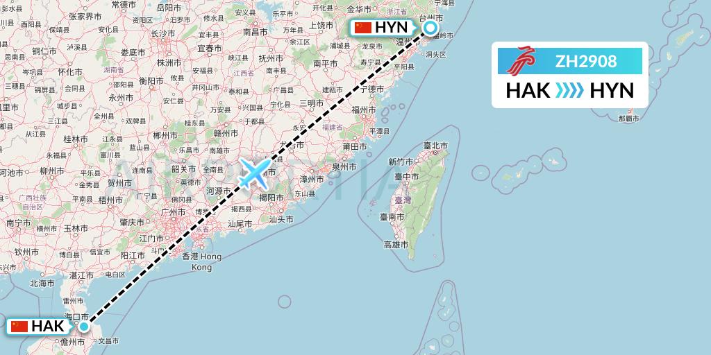 ZH2908 Shenzhen Airlines Flight Map: Haikou to Huangyan